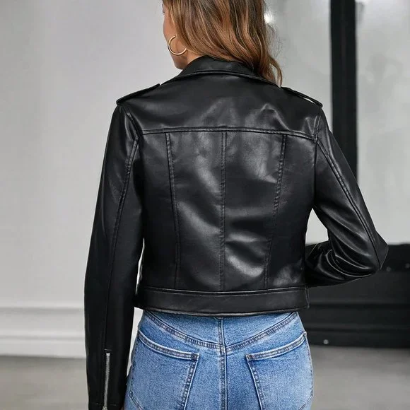 Black Preppy Womens Zip Up PU Leather Moto Jacket - Picture 2 of 5